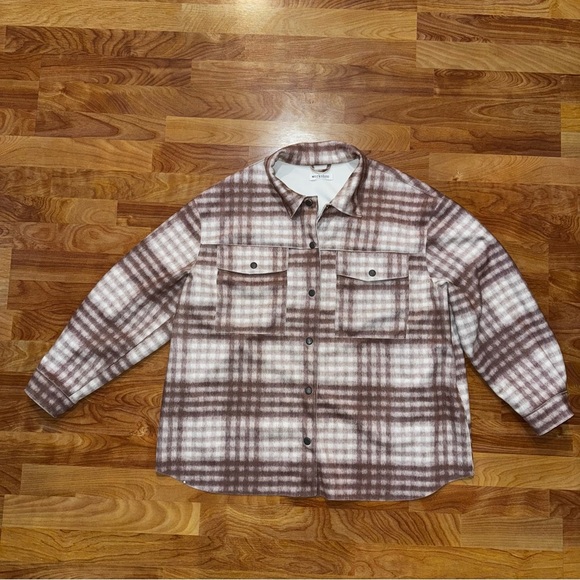 Workshop Republic Clothing Jackets & Blazers - Workshop Republic Beige Flannel Faux Leather Suede Shacket Snap Buttons